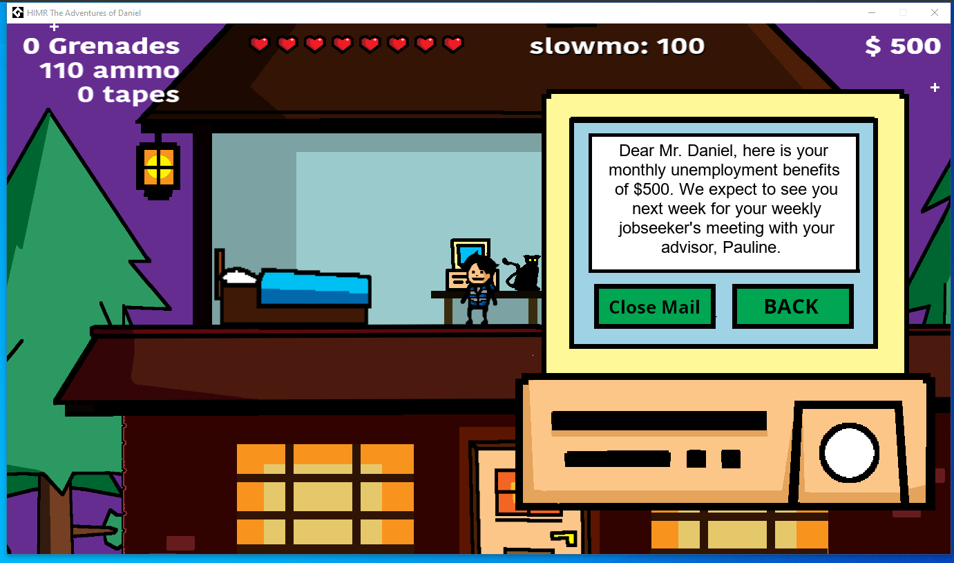 Screenshot of the HIMR The Adventures of Daniel game showing a cartoon house scene, character, HUD, and an in-game benefits letter