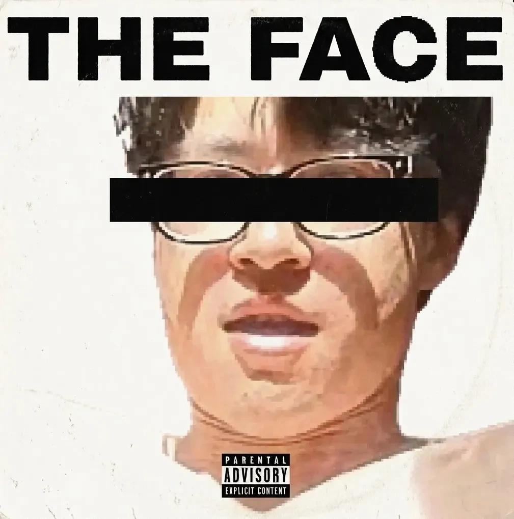 Square graphic reading The Face above a close-up of a bespectacled person whose eyes are covered by a black bar, with a Parental Advisory label below