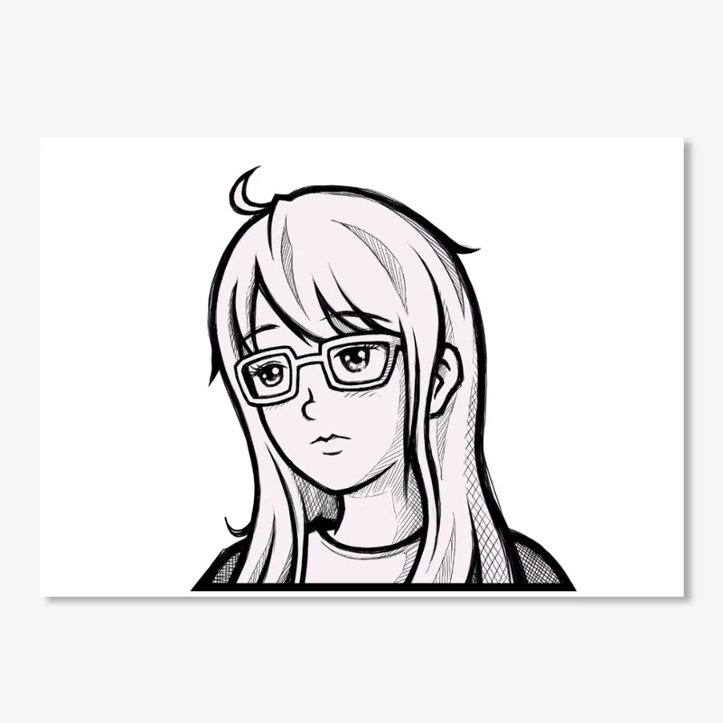 A monochrome cartoon bust with long hair and rectangular glasses displayed on a Turkish girl merchandise listing
